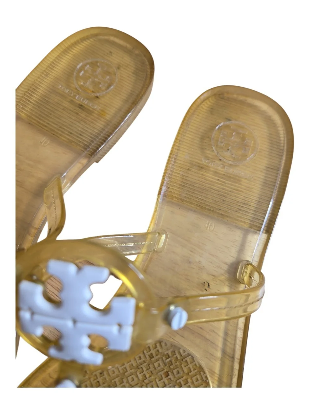 Tory Burch Miller Jelly Thong Sandals Amber Gold Clear Logo